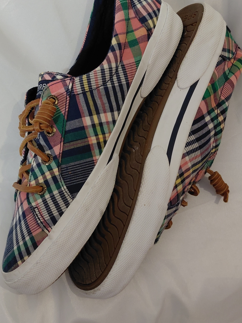Sperry Plaid Lace-Up Sneakers in Pink, Navy & Green - Picture 9 of 11
